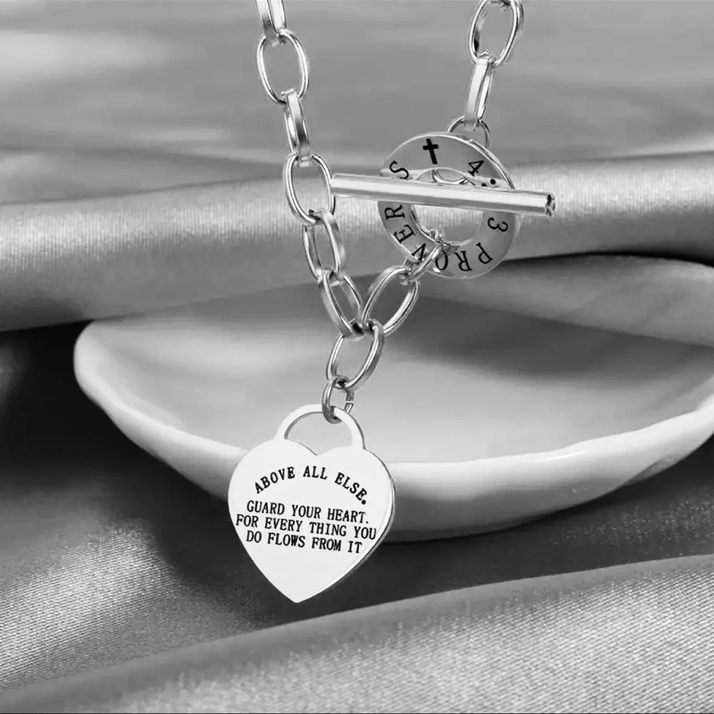 New Proverbs 4:23 Handmade 316L Stainless Steel Cross Heart Pendant Necklace